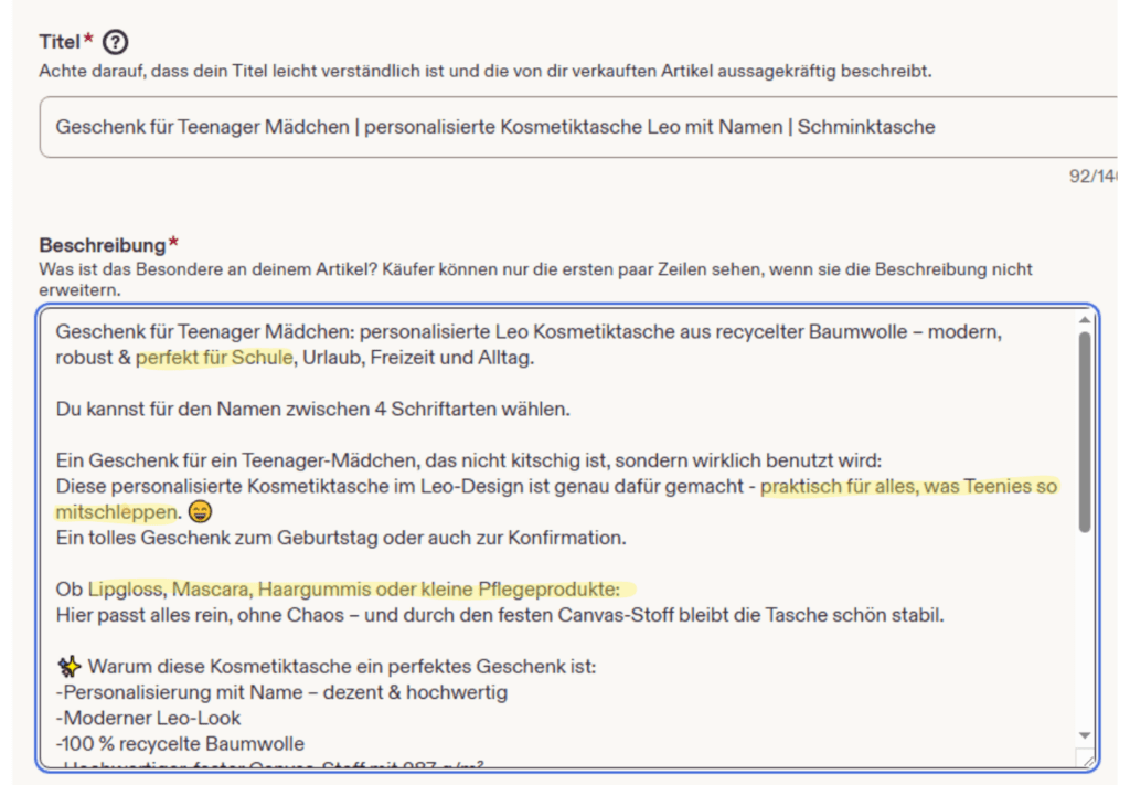 der titel und die beschreibung
